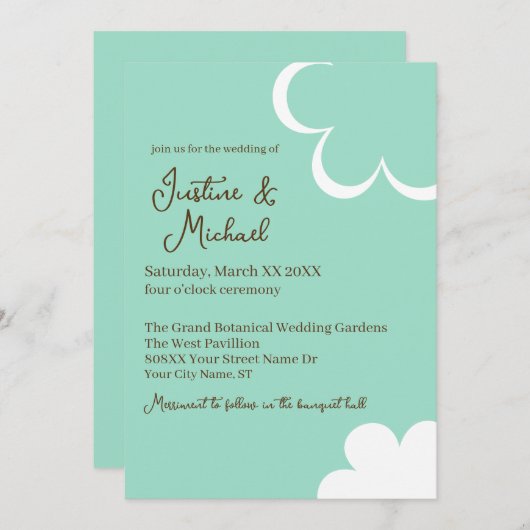 Aquamarine und weiße Retro-Blume Hochzeit Einladung (Vorne/Hinten)