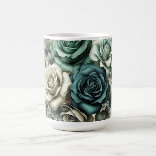Aquamarine und weiße Rosen Kaffeetasse (Mittel)