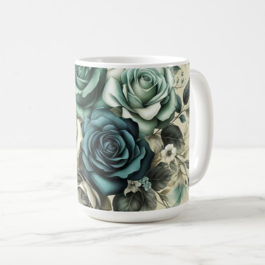 Aquamarine und weiße Rosen Kaffeetasse (VorderseiteRechts)
