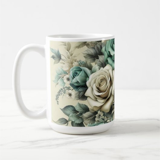 Aquamarine und weiße Rosen Kaffeetasse (Links)