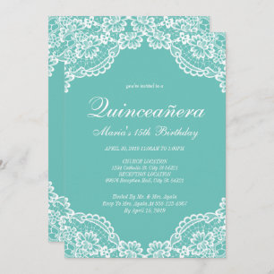Aquamarine und weiße Spitzen Quinceanera, Einladun Einladung