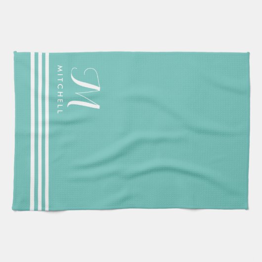 Aquamarine und weiße Streifen und Monogramm Geschirrtuch (Horizontal)
