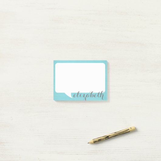 Aquamarine und weiße Talk-Blase mit Skriptname Post-it Klebezettel (Auf Schreibtisch)