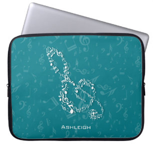 Aquamarine und weiße Treble Clef-Musiknoten Laptopschutzhülle
