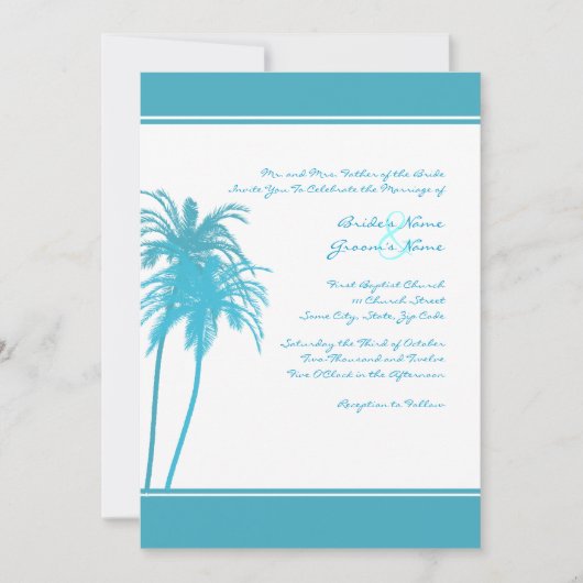 Aquamarine und weiße tropische Palmen Einladung (Vorderseite)