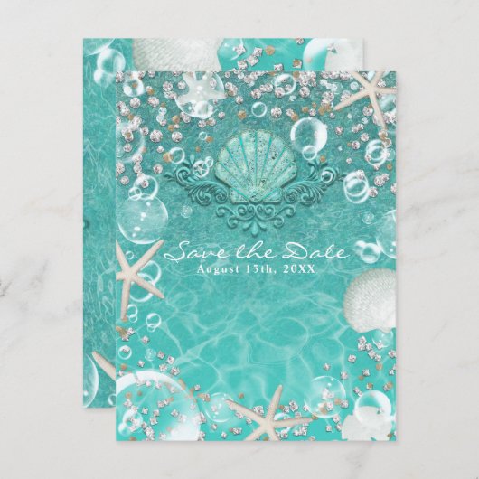 Aquamarine verzauberte Sternfische & Blasen Save t Ankündigungspostkarte (Vorne/Hinten)