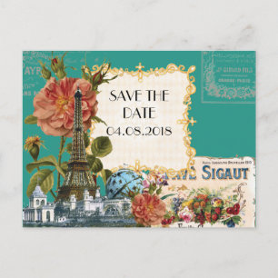 Aquamarine Vintage Eiffel-Turm-Rosen-Save the Date Ankündigungspostkarte