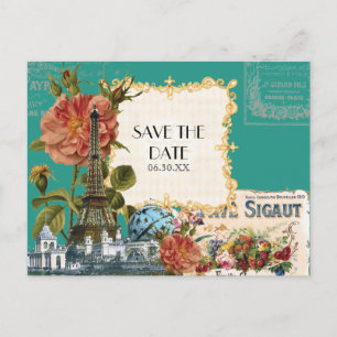Aquamarine Vintage Eiffelturm-Rose Save the Date K Ankündigungspostkarte