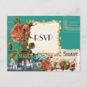 Aquamarine Vintage Eiffelturm-Rose Save the Date K Einladungspostkarte