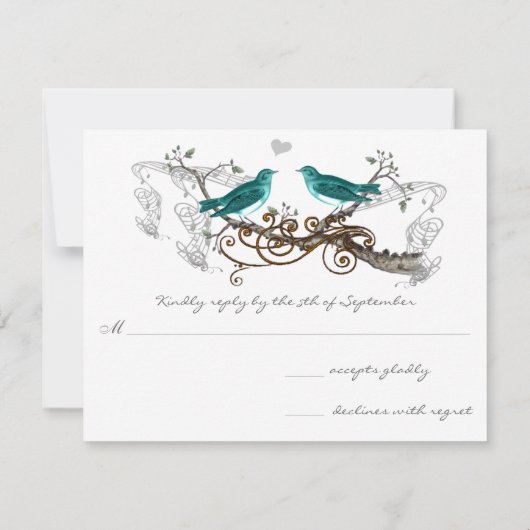 Aquamarine Vintage Liebesvögel Hochzeit RSVP (Rückseite)