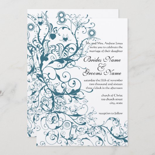 Aquamarine Vögel und Wirbel zum Hochzeitsempfang Einladung (Vorne/Hinten)