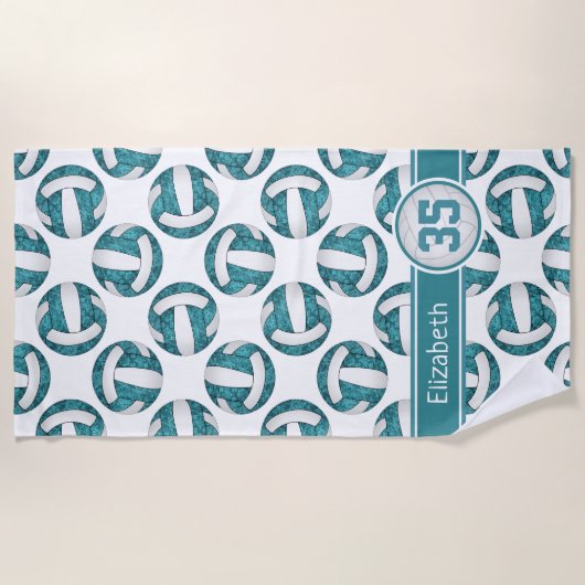 aquamarine Volleyball-Sportmädchen personalisiert Strandtuch (Vorderseite)
