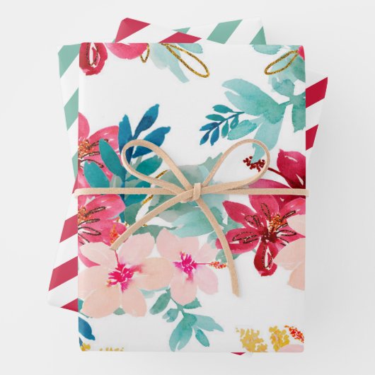 Aquamarine Wasserfarbe Blumengrün Roter Streifen Geschenkpapier Set (Beispiel)