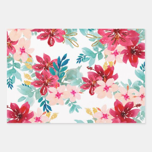 Aquamarine Wasserfarbe Blumengrün Roter Streifen Geschenkpapier Set (Vorderseite)