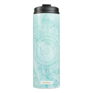 Aquamarine Wasserfarbe Mandala Thermosbecher