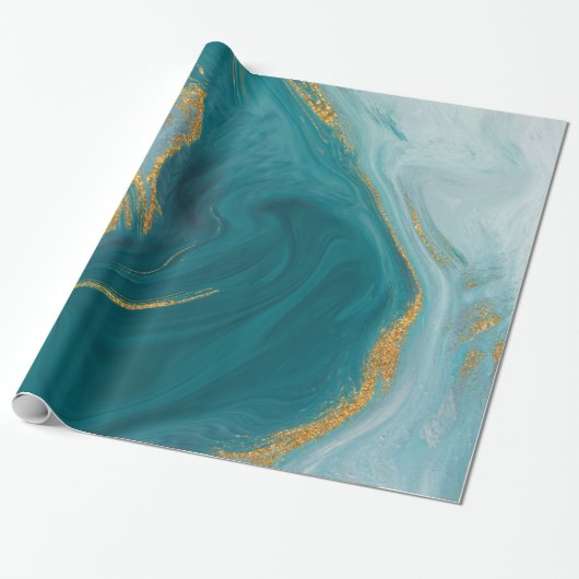 Aquamarine Wasserfarbe und Imitat Goldgeode Geschenkpapier (Ungerollt)