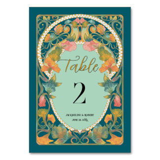 Aquamarine Wasserfarbenfreude Jugendstil-Hochzeit Tischnummer