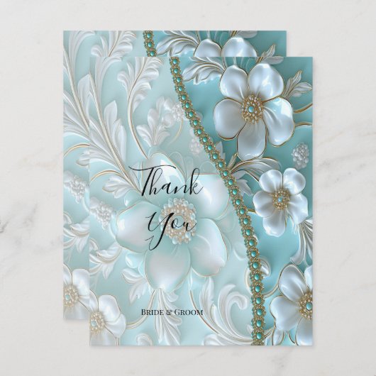 Aquamarine weiße Blume Dankeschön Karte (Vorne/Hinten)
