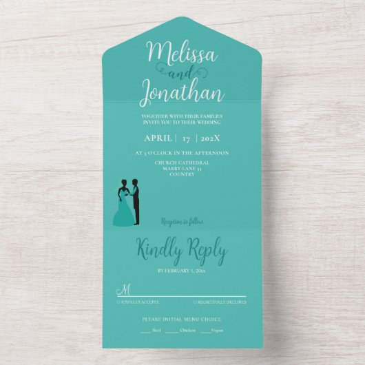 Aquamarine Weiße Braut und Bräutigam All In One Einladung (Innen Boden)