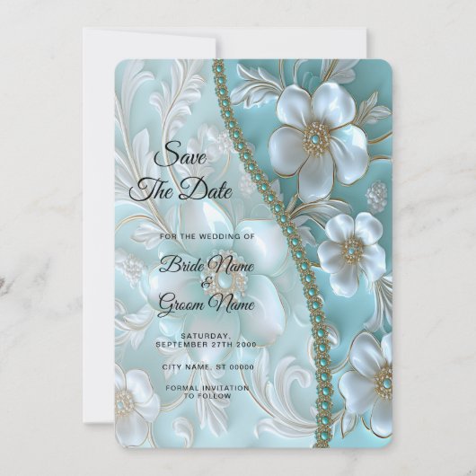 Aquamarine weiße Flora Save the Date (Vorderseite)