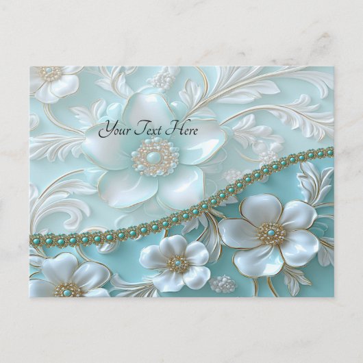Aquamarine weiße Floral Postkarte (Vorderseite)