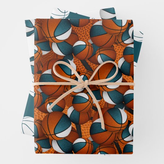 aquamarine, weiße Mannschaftsfarben Basketball Glü Geschenkpapier Set (Beispiel)