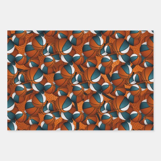 aquamarine, weiße Mannschaftsfarben Basketball Glü Geschenkpapier Set (Vorderseite)