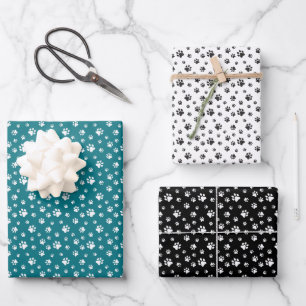 AQUAMARINE, WEISSE, SCHWARZE HUNDE-KATZENPUNKTE GESCHENKPAPIER SET