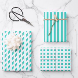 Aquamarine weiße Streifen Karo rautengeometrisch Geschenkpapier Set