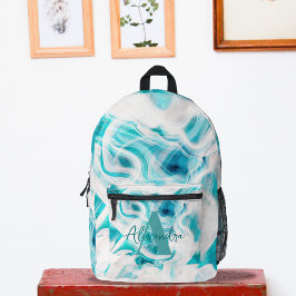 Aquamarine weiße Wirbel Abstrakt Monogramm Name Bedruckter Rucksack