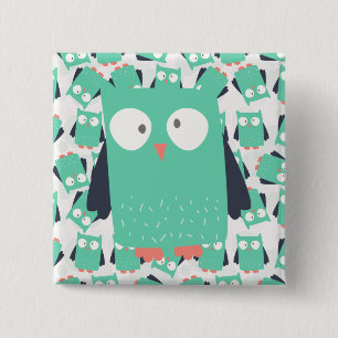 Aquamarine Whimsical Owls Button