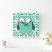 Aquamarine Whimsical Owls Quadratische Wanduhr (Zuhause)
