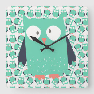 Aquamarine Whimsical Owls Quadratische Wanduhr