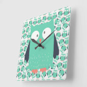 Aquamarine Whimsical Owls Quadratische Wanduhr (Winkel)