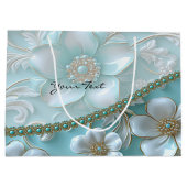 Aquamarine White Floral Geschenktasche Große Geschenktüte (Rückseite)