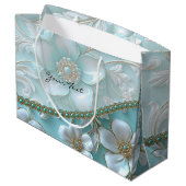 Aquamarine White Floral Geschenktasche Große Geschenktüte (Rückseite Schrägansicht)