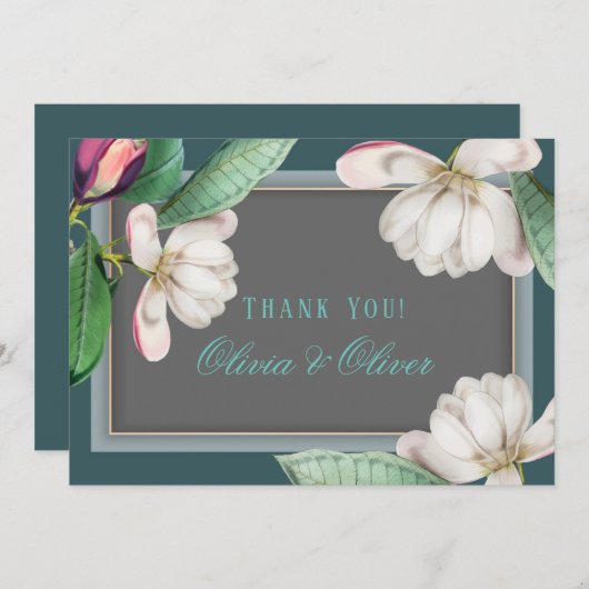 Aquamarine White Magnolia Blume Süd Dankeschön Kar Einladung (Vorne/Hinten)