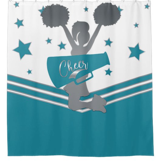 Aquamarine White Silver Stars Cheer Cheer-Leader Duschvorhang (Vorderseite)