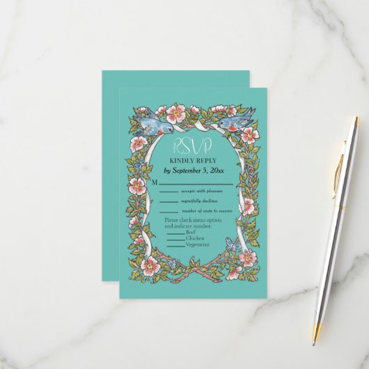 Aquamarine Wildblume Bird Rose Border Floral Weddi RSVP Karte (Vorderseite/Rückseite Beispiel)