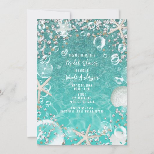 Aquamarine Zauberseesterne & Bubbles Bridal Einladung (Vorderseite)