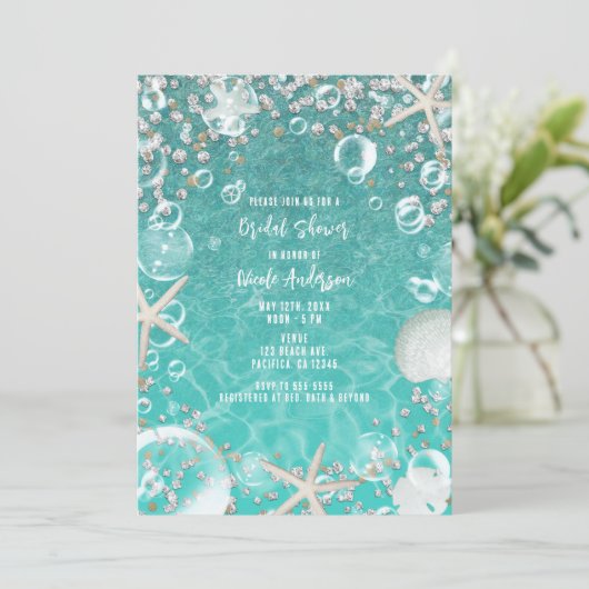 Aquamarine Zauberseesterne & Bubbles Bridal Einladung (Stehend Vorderseite)