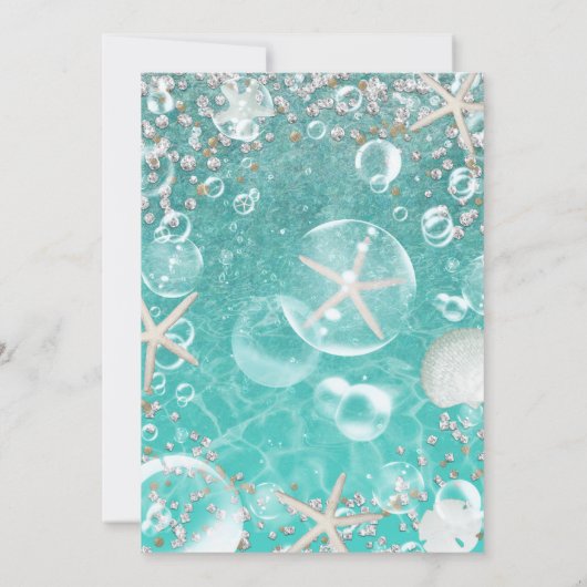 Aquamarine Zauberseesterne & Bubbles Bridal Einladung (Rückseite)