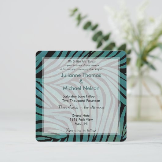 Aquamarine Zebra-Druckhochzeit Einladung (Stehend Vorderseite)