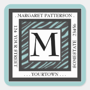 Aquamarine Zebra-Monogram-Square-Adresse in Schwar Quadratischer Aufkleber