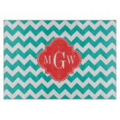 Aquamarine Zickzack Korallenfolie 3 Monogramm Schneidebrett (Vorderseite)