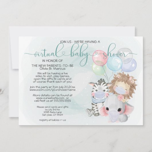 Aquamarinen 3 Niedliche Tiere in Masken Virtual Ba Einladung (Vorderseite)