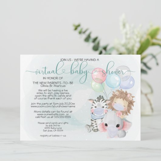 Aquamarinen 3 Niedliche Tiere in Masken Virtual Ba Einladung (Stehend Vorderseite)