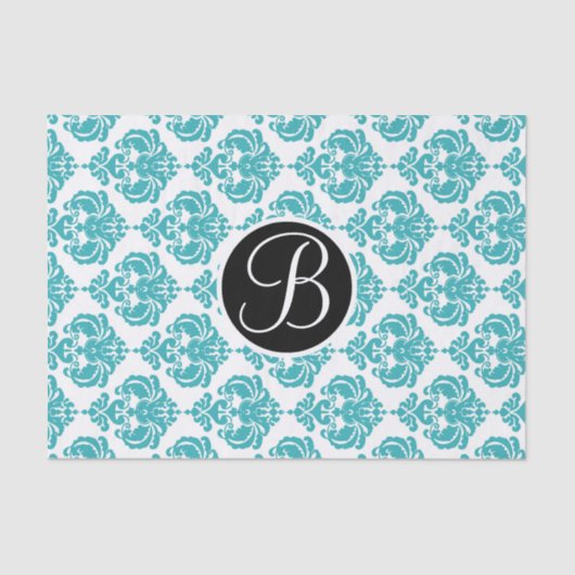Aquamariner Anfangsbuchstabe des Aqua Glam Damask Seidenpapier (Vorderseite)
