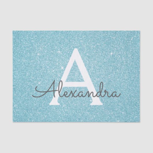 Aquamariner Aqua Blue Glitzer und Sparkle Monogram Seidenpapier (Vorderseite)