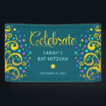 Aquamariner Bat Mitzvah Gold Foil Script Tree of L Banner<br><div class="desc">Seien Sie stolz, freuen Sie sich und präsentieren Sie diesen Meilenstein Ihres Lieblings-Bat Mitzvah! Lassen Sie sich von diesem atemberaubenden, modernen, stilvollen, personalisierten Banner in einen besonderen Tag hineinführen. Funkelnd, vergoldet, Imitat-Kalligraphie-Skript, hellrosa Typografie und zwei abstrakte, grafische, goldene, türkisfarbene, aquamarine, lila und blaue "Stern von David" und dot "Blätter" überlagern...</div>